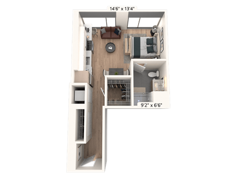 Floor plan for studio, 1 bath, 521 sqft
